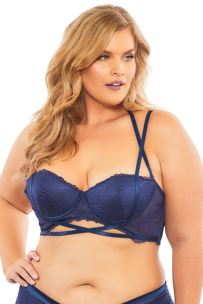 Lace Push Up Balconette Bra With Crossing Halter Straps - Estate Blue - 1x