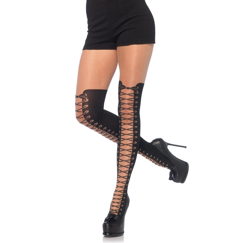 All Tied Up Pantyhose With Opaque Faux Thigh High Boot Detail - One Size