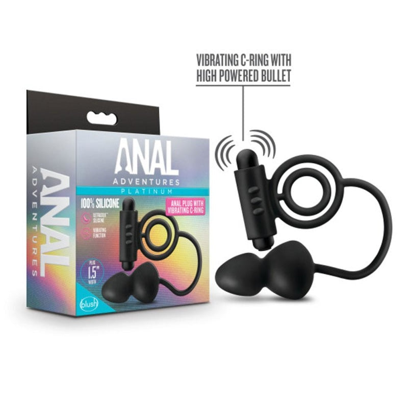Anal Adventures - Platinum - Silicone Anal Plug With Vibrating C-Ring - Black - Anal Toys & Stimulators