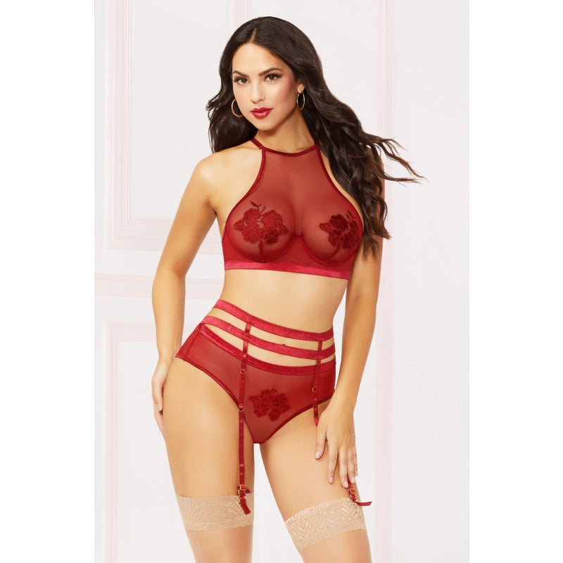 Applique & Mesh Bra Set - Extra Large - Burgundy STM-10881BURXL