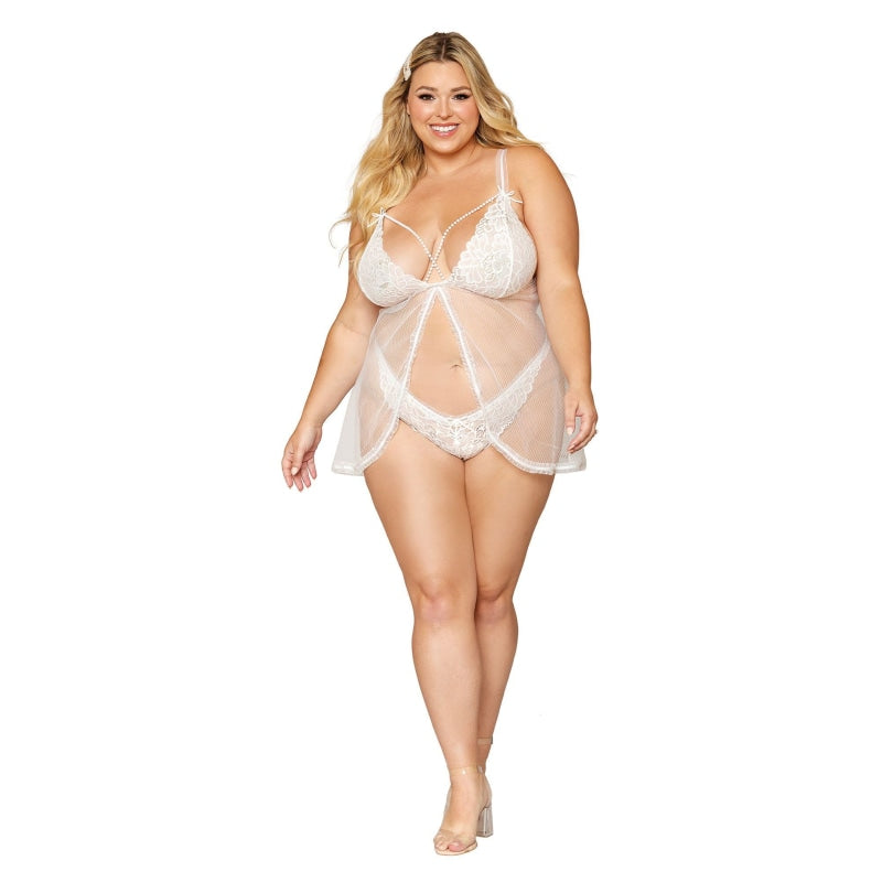 Babydoll and Pearl G-String - Queen Size - White