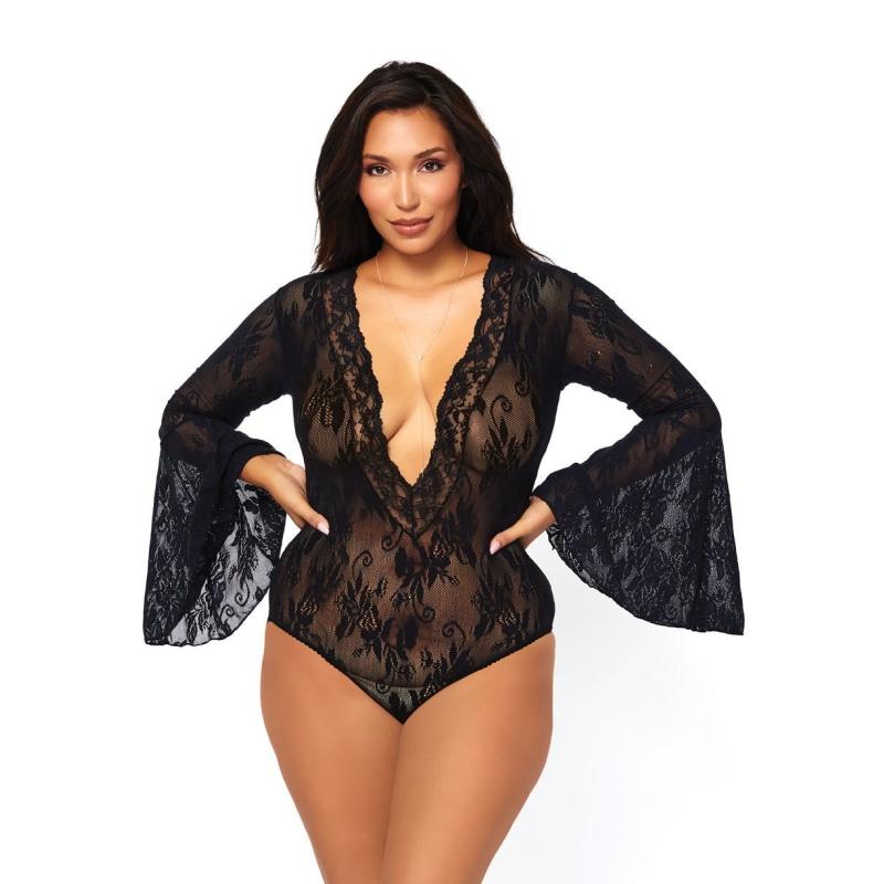 Bell Sleeve Bodysuit - Queen Size - Black LA-89227QBLK