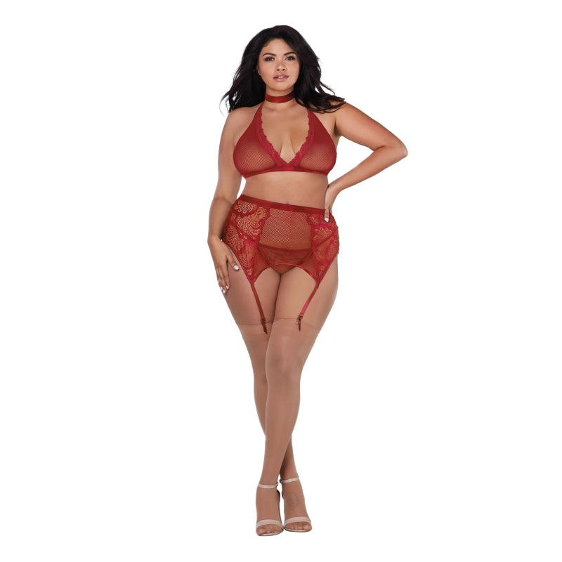 Bra Garterbelt & G-String - Queen - Garnet - Lingerie & Sexy Apparel