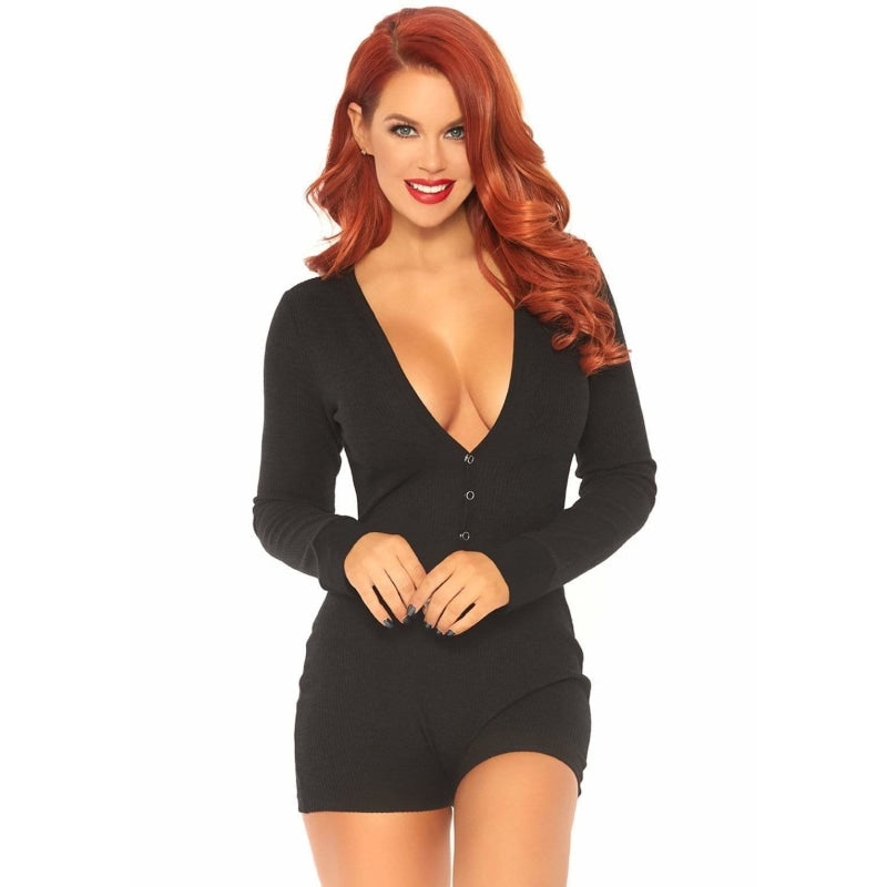 Brushed Rib Romper - Small/ Medium - Black - Lingerie & Sexy Apparel