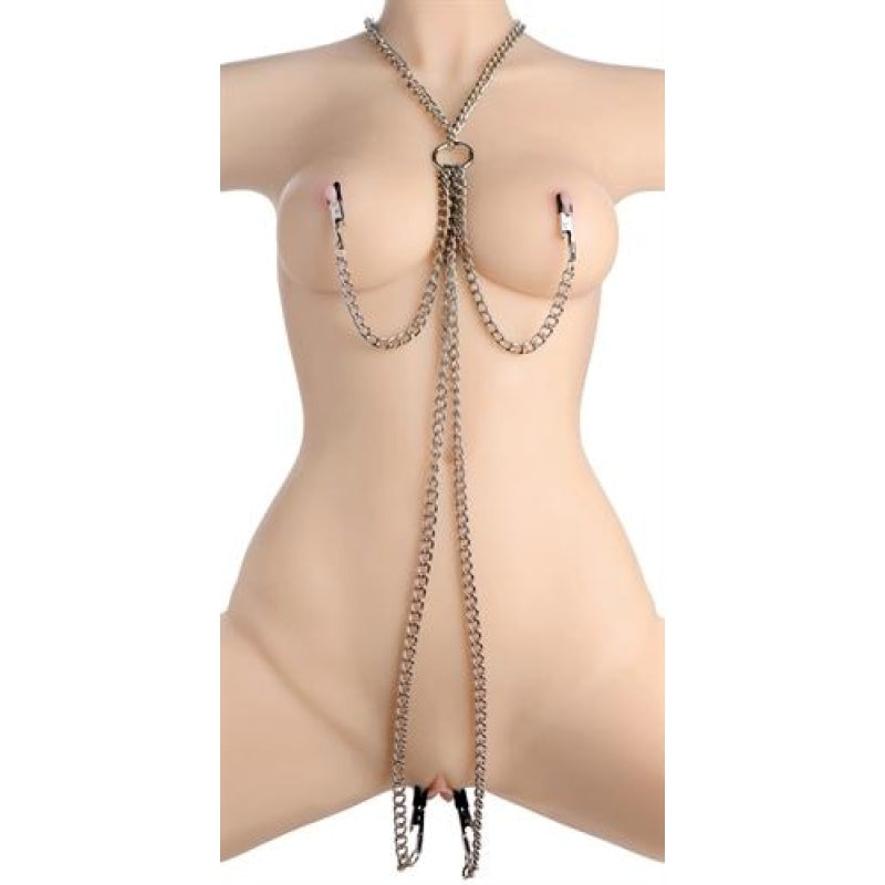 Chained Collar With Nipple and Clit Clamps - Silver