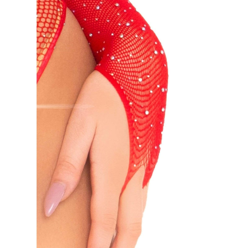 Crystalized Long Sleeve Fishnet Thong Back Bodysuit - One Size - Red