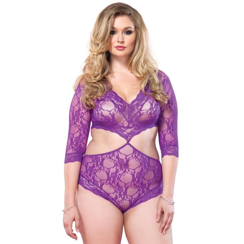 Deep v Lace Cutout Teddy - Queen Size - Purple LA-81427QPUR