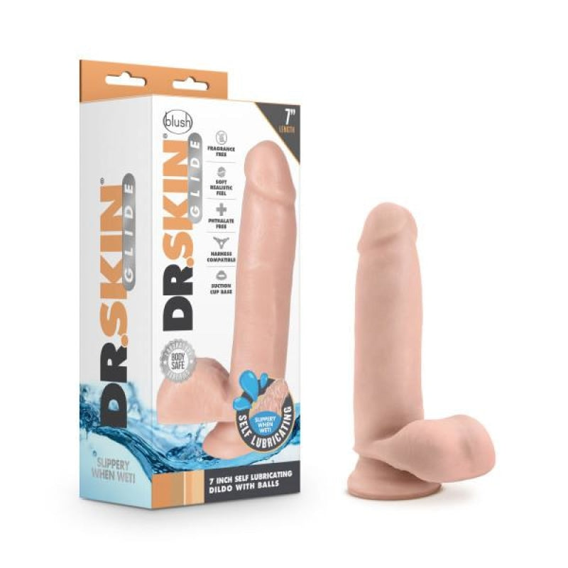 Dr. Skin Glide - 7 Inch Self Lubricating Dildo With Balls - Vanilla - Dildos & Dongs