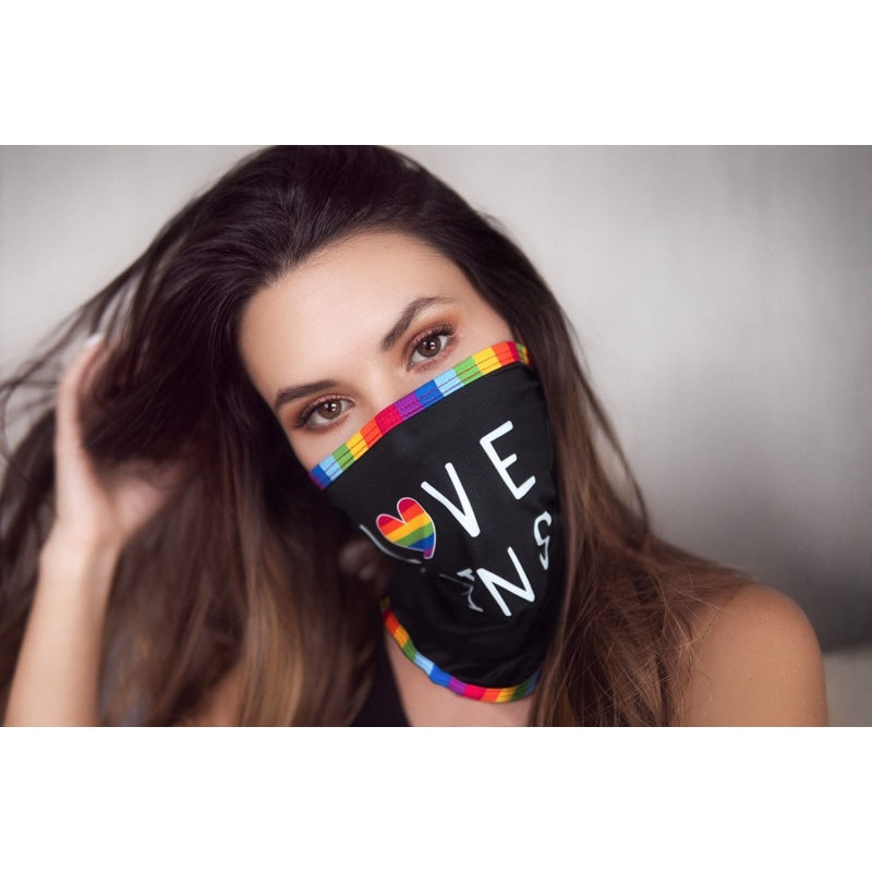 Face/ Neck Bandana  Mask - Love Wins - Black/ Rainbow Print - One Size