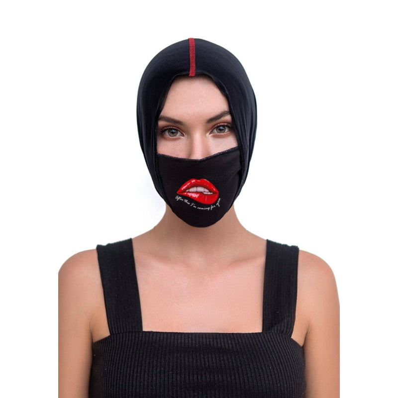 Face/ Neck Bandana Reversable Mask- Black/ Red Lips Print - One Size