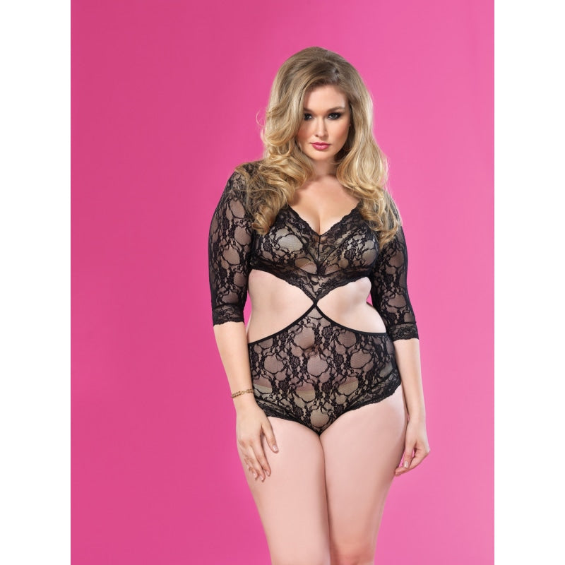 Floral Lace Deep-v Teddy - Queen Size - Black