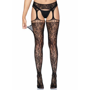 Gardenia Lace Garter Belt Stockings - One Size - One Size - Black - MyPleasure
