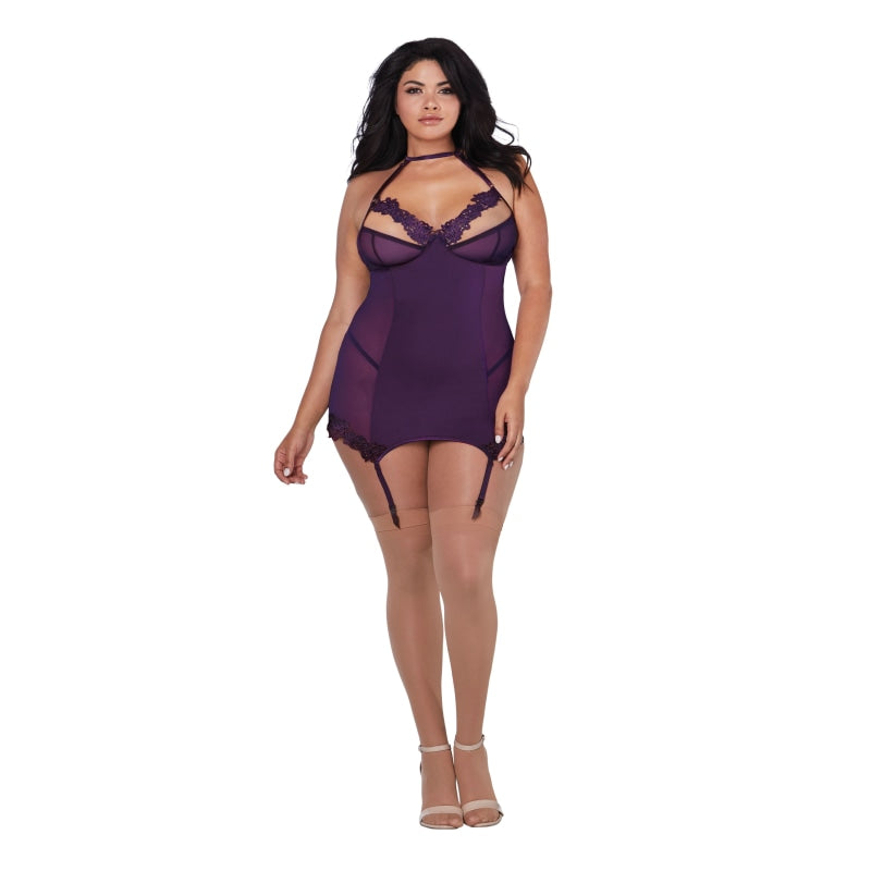 Garter Slip & G-String - Queen - Plum - Lingerie & Sexy Apparel