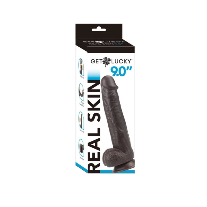 Get Lucky 9 Inch Real Skin Dildo - Dark Brown