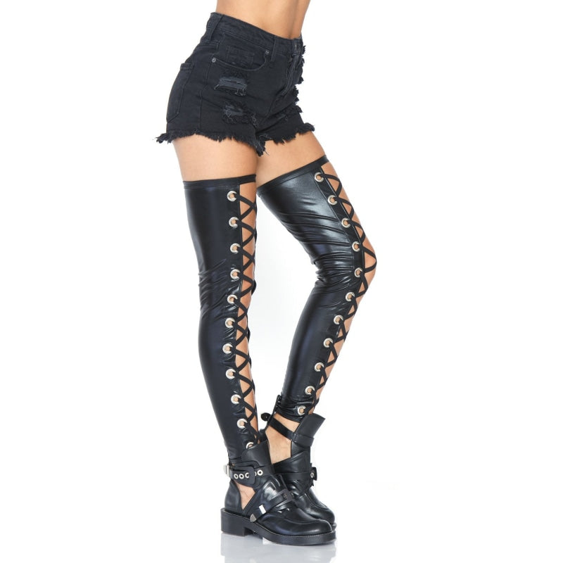 Grommet Wet Look Footless Thigh Highs - Small/ Medium - Black