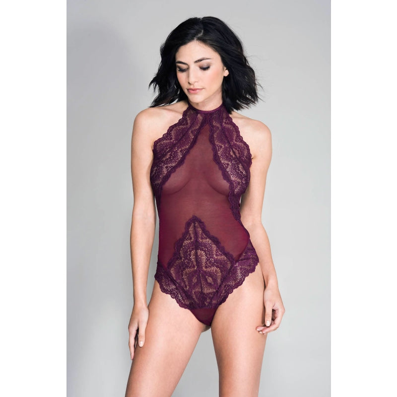 High Neck Scalloped Trim Lace Teddy With Sheer  Back - One Size - Burgundy