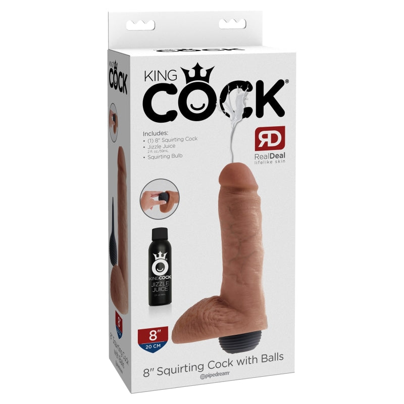 King Cock 8" Squirting Cock With Balls -Tan