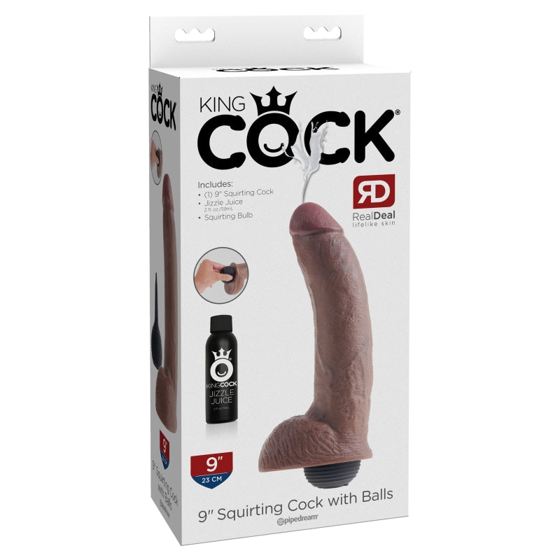 King Cock 9 Inch Squirting Cock With Balls - Brown