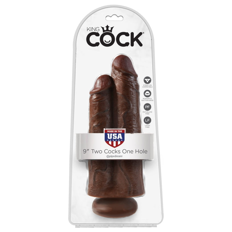 King Cock 9" Two Cocks One Hole - Brown