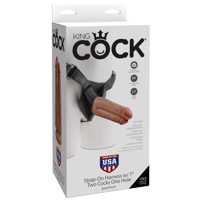King Cock Strap-on Harness With 7" Two Cocks One Hole - Tan