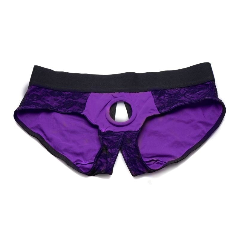 Lace Envy Crotchless Panty Harness - L/ XL Purple and Black - Harnesses & Strap-Ons