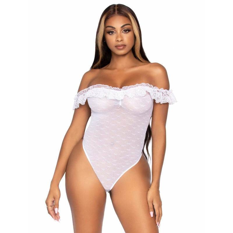 Lace Ruffle Snap Crotch Teddy - One Size - White - Lingerie & Sexy Apparel