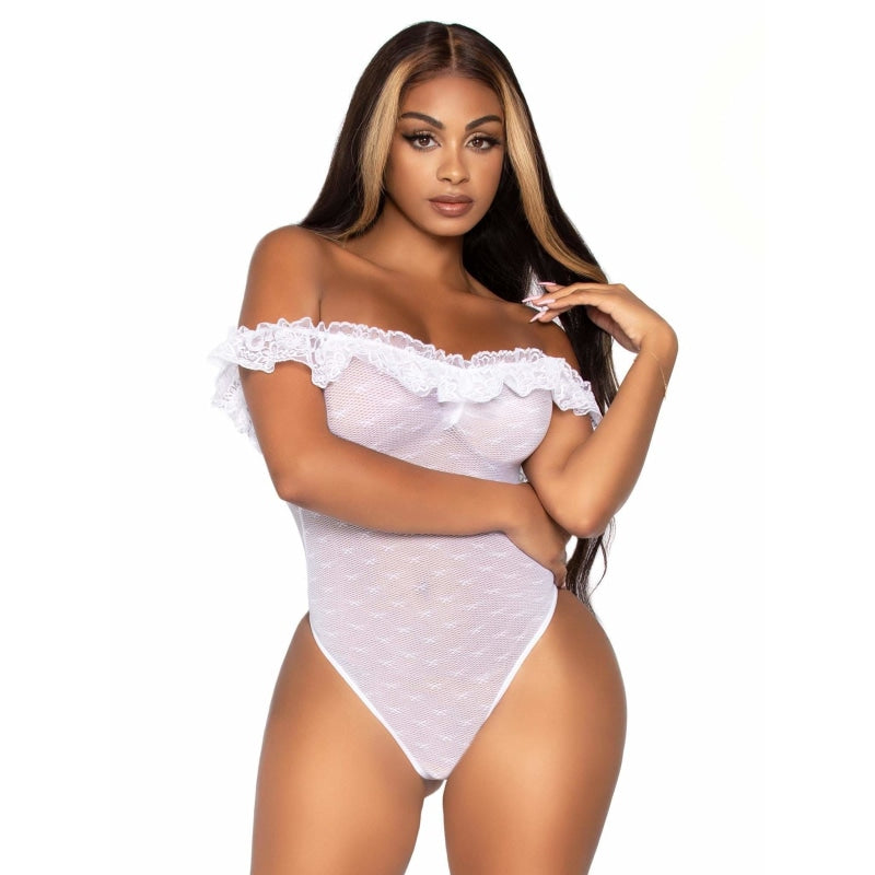 Lace Ruffle Snap Crotch Teddy - One Size - White - Lingerie & Sexy Apparel