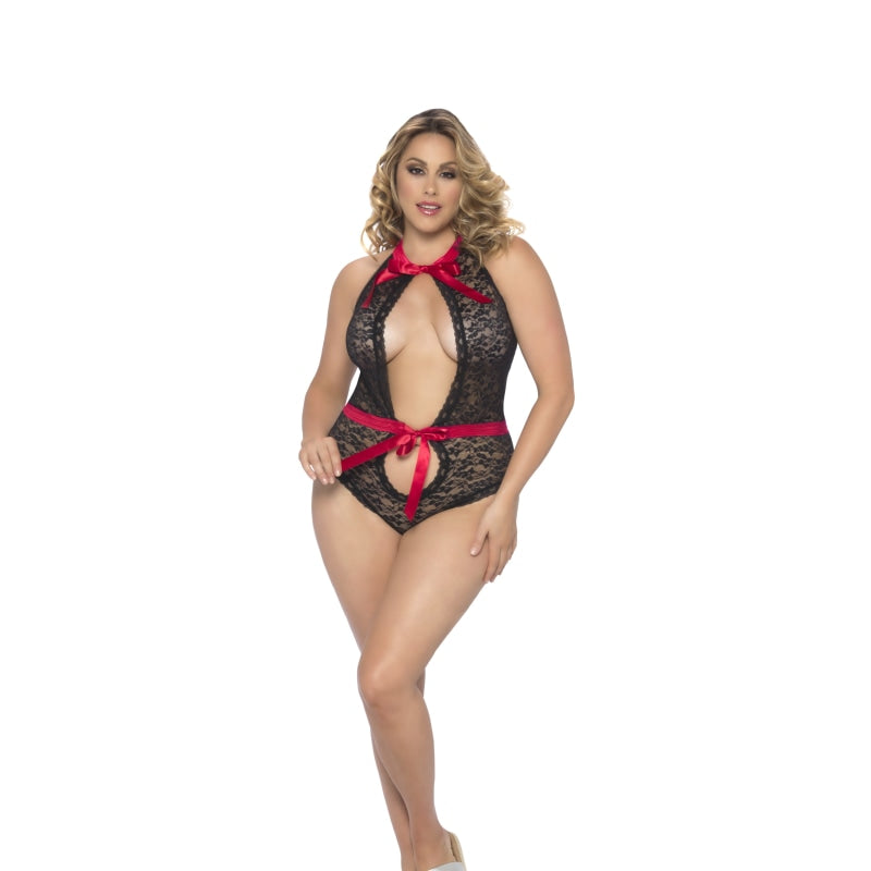 Lace Teddy With Neck & Waist Satin Ties  - Queen Size - Black/red OH-52-10385X-BKRDQU