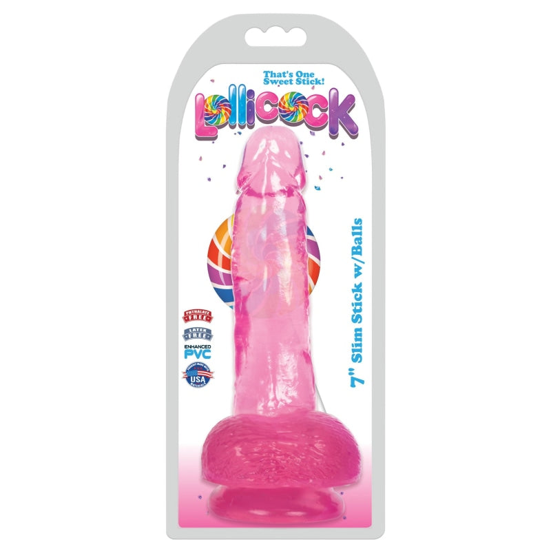 Lollicock 7 Inch Slim Stick With Balls - Cherry Ice - Dildos & Dongs