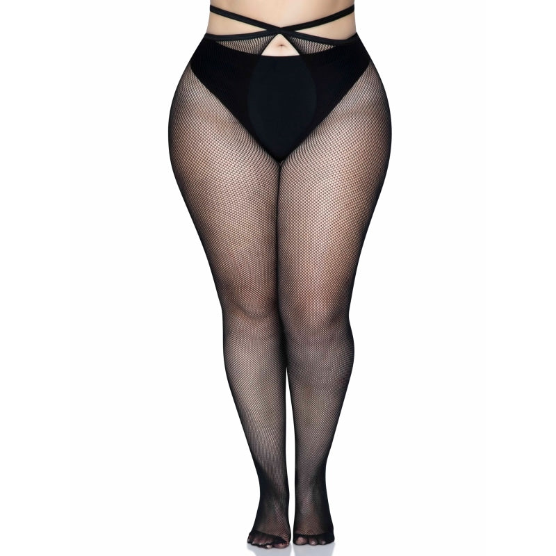 Micro Net Strappy Crotchless Tights - 1x/2x - 1x/2x - Black