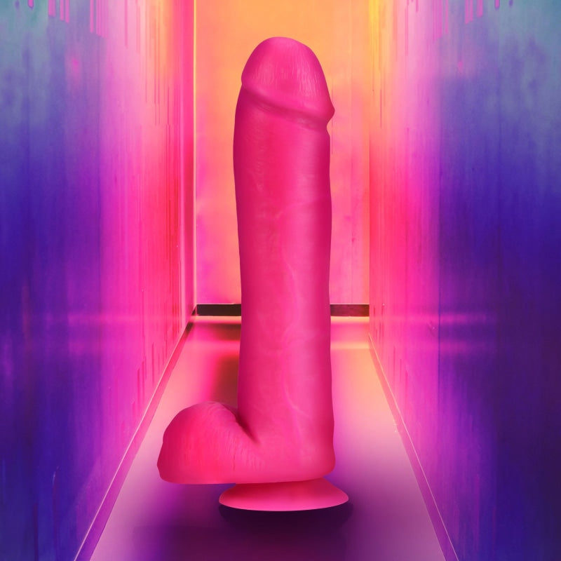 Neo Elite - 11 Inch Silicone Dual Density Cock  With Balls - Neon Pink