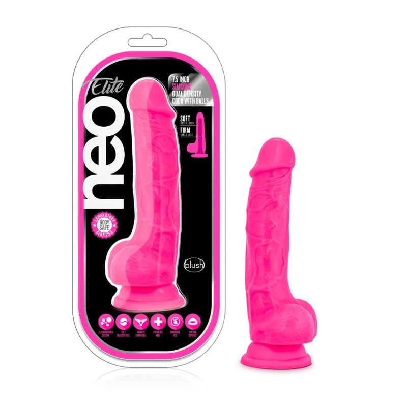 Neo Elite - 7.5 Inch Silicone Dual Density Cock  With Balls - Neon Pink