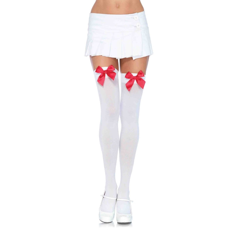 Nylon Over the Knee Socks - White With Red Bow