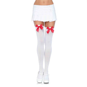 Nylon Over the Knee Socks - White With Red Bow - MyPleasure