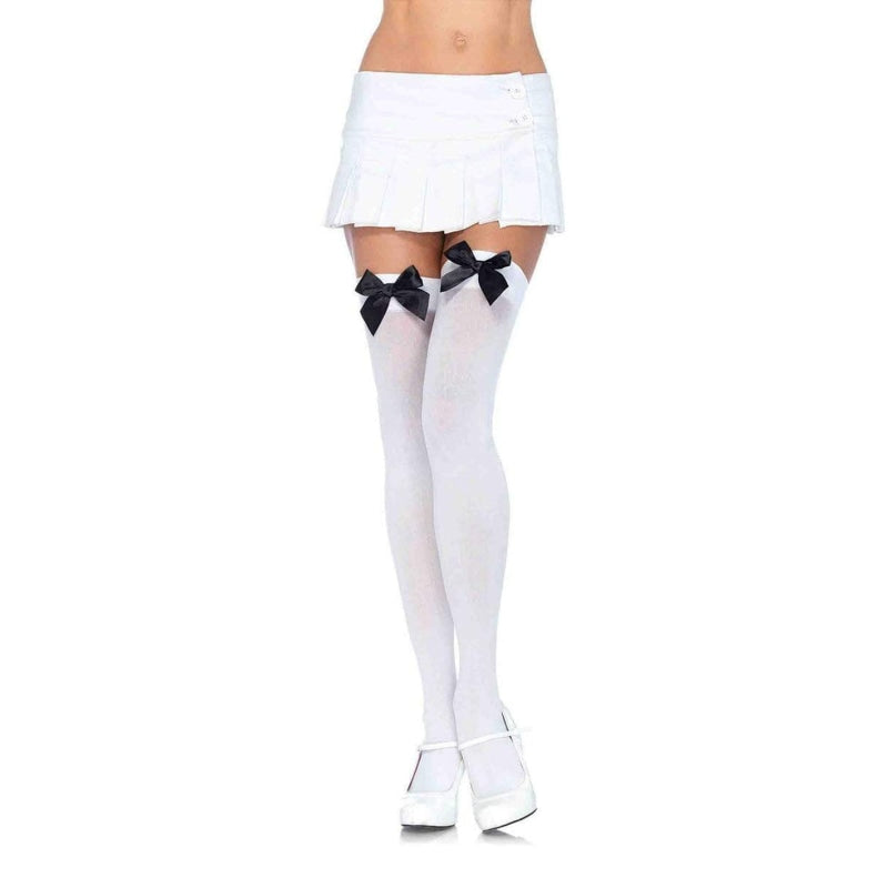 Nylon Thigh Highs With Bow - One Size - White / Black