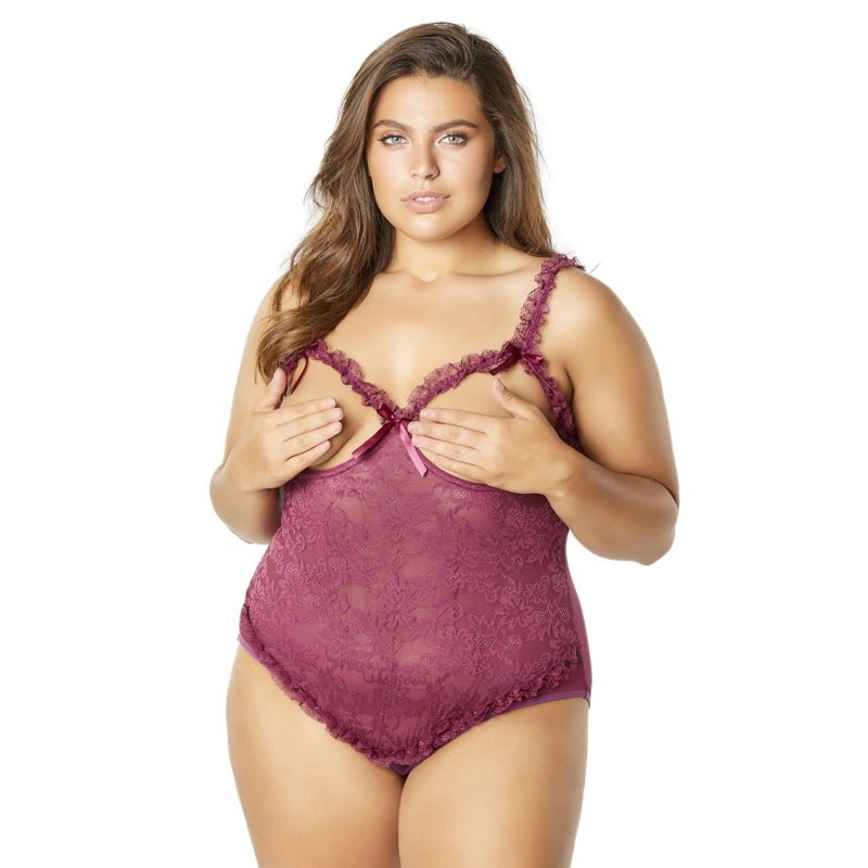 Open Cup Crotchless Teddy - Amaranth - Queen Size OH-4100X-AMHQS