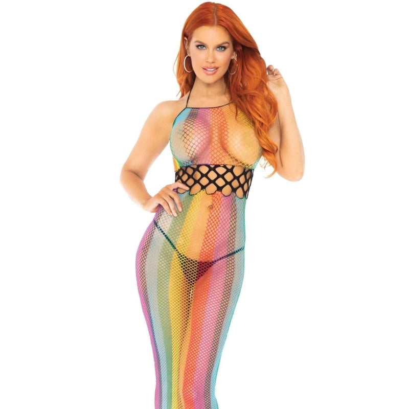 Rainbow Fishnet Halter Dress - One Size - Multicolor LA-88021MULTI