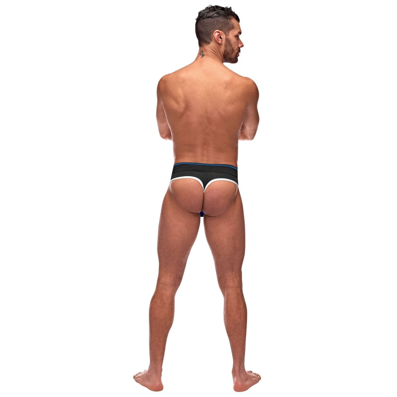 Retro Sport Panel Thong - L/ XL - Black/ Blue - Lingerie & Sexy Apparel