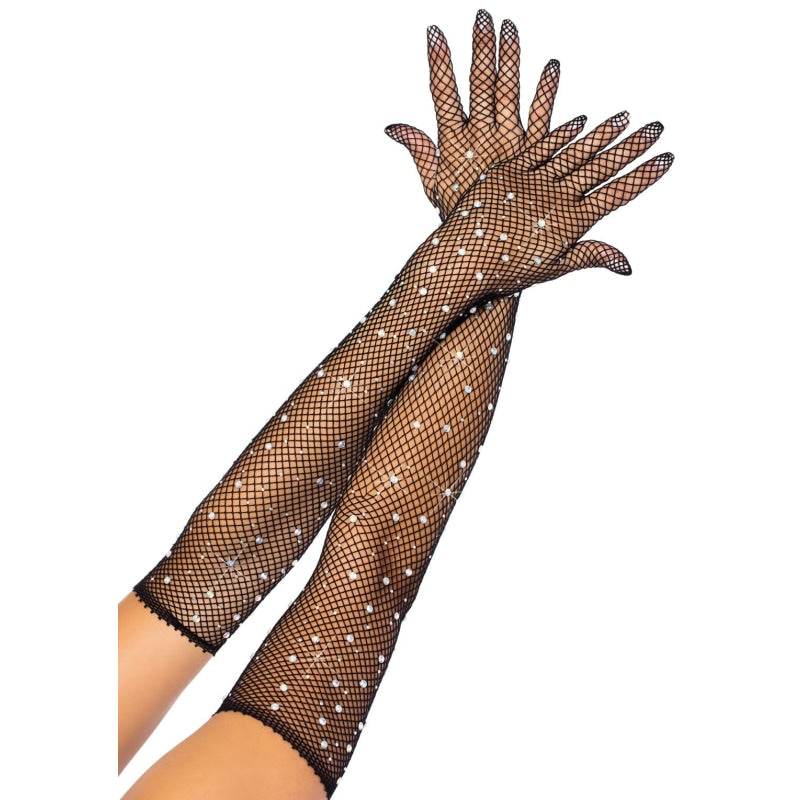 Rhinestone Fishnet Long Gloves - Black - Lingerie & Sexy Apparel