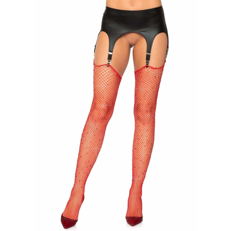 Rhinestone Fishnet Stockings - One Size - Red LA-9124RD