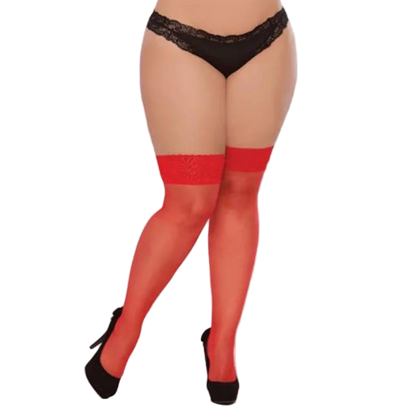 Sheer Lace Thigh High - Queen Size - Red - MyPleasure