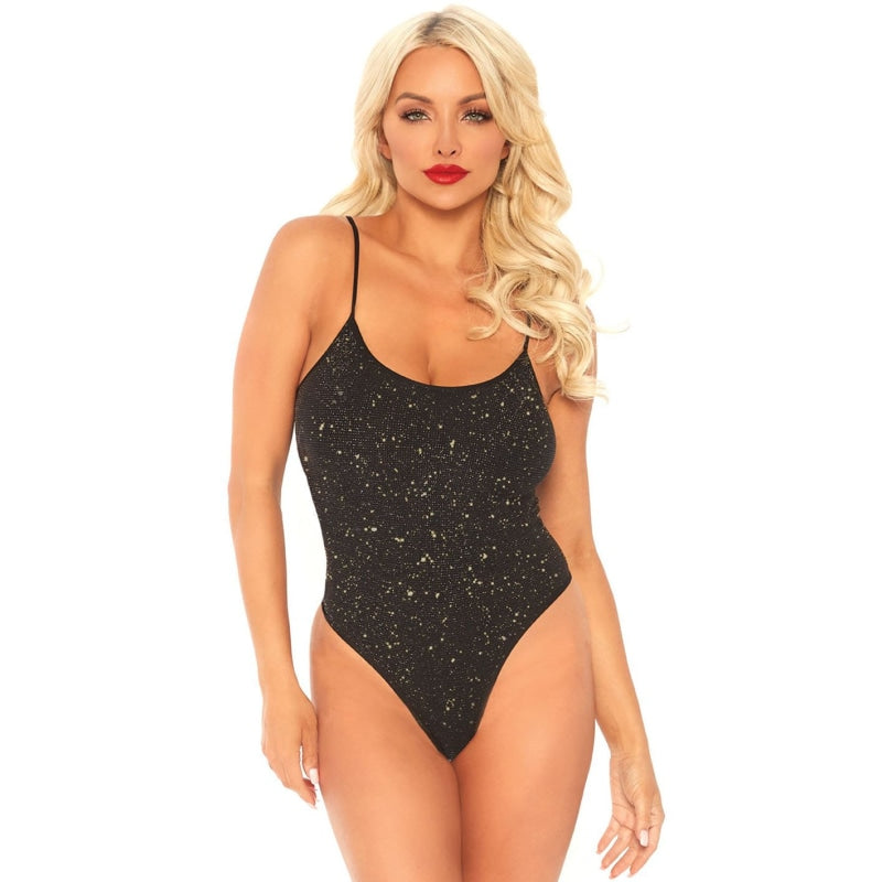 Shimmer Lurex Opaque Thong Back Bodysuit - Black/gold - One Size LA-89238