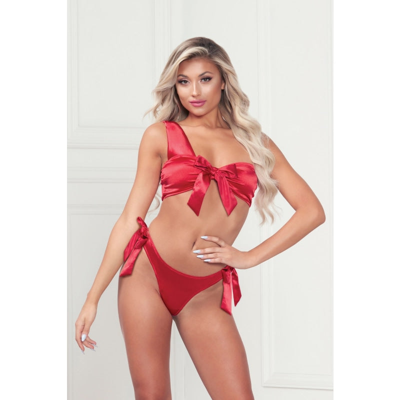 Two Piece Bra Set - Satin Bra With Assymetrical Shoulder Strap, Satin Ribbon Bows, and Thong - One Size - Red