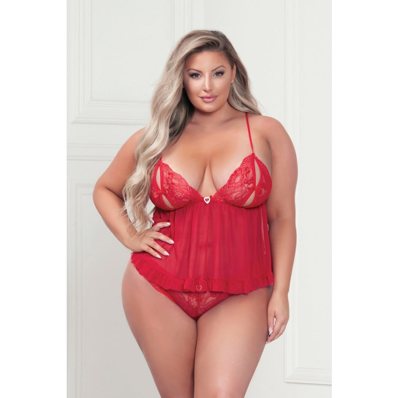 Two Piece Lace and Mesh Camidoll Set - Queen Size - Red