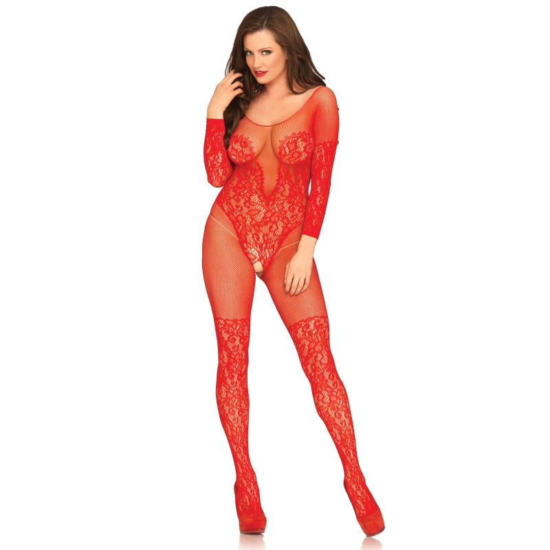 Vine Lace & Net Long Sleeved Bodystocking - One  Size - Red LA-89190RED