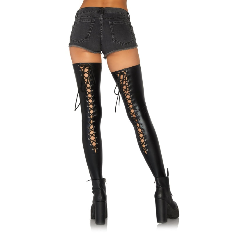 Wet Look Lace Up Thigh Hi - Black - M/l LA-6925BLKML