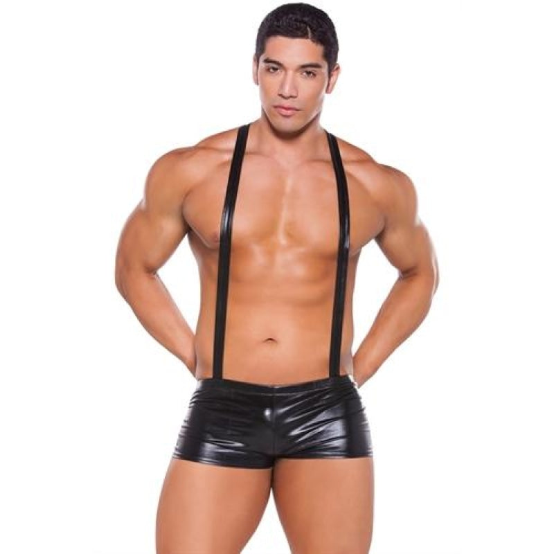 Wet Look Suspender Shorts - One Size - Black ALR-33-4502Z
